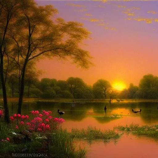 Image similar to a painting of a duck pond at sunset, surrounded by flower bushes, a detailed matte painting by Robert S. Duncanson, deviantart, hudson river school, terragen, pink clouds, pastel sky, trending on artstation
