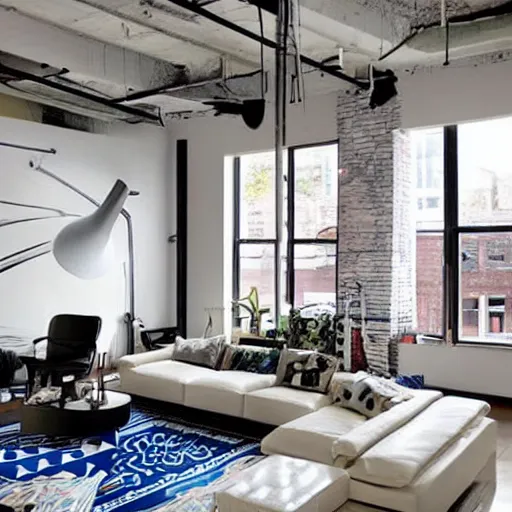 Image similar to trendy loft with modern murals on the wall, modern art and patterns, interior design, lovely architecture