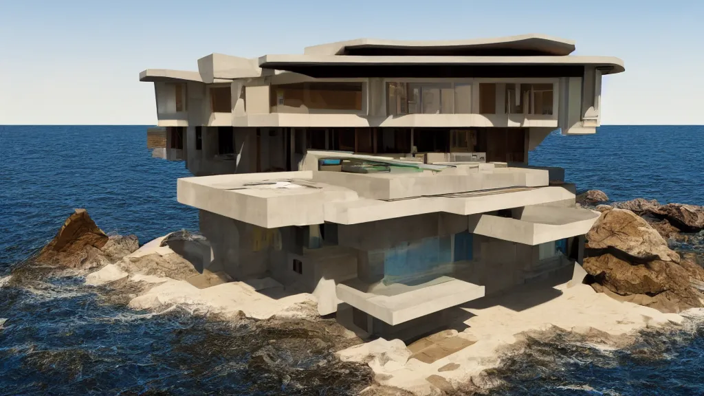 Image similar to modern concrete house built in the ocean, futuristic accents, golden hour, 4 k, built by frank lloyd wright, concept art