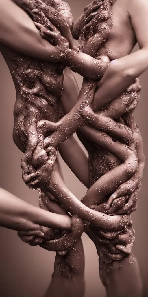 Image similar to closeup of beautiful human bodies intertwined, bodies blooming, 3 d fractals, mandelbulb, dripping wet, skin, macro photography, anamorphic bokeh, long exposure, highly detailed, hyperrealism, cinematic