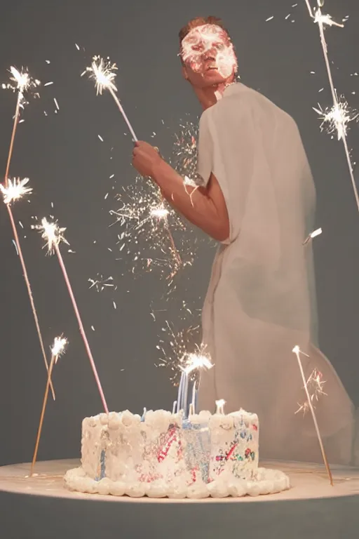 Image similar to margiela campaign featuring artist ben schumacher blowing out all the candles on the birthday cake, sparklers, realistic vfx simulation