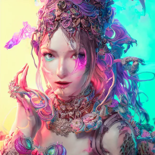 Image similar to the portrait of chaotic evil fallen sensual colorful female necromancer overlord as absurdly beautiful, gorgeous, young idol, an ultrafine hyperdetailed illustration by kim jung gi, irakli nadar, intricate linework, bright colors, octopath traveler, final fantasy, unreal engine 5 highly rendered, global illumination, radiant light, detailed and intricate environment