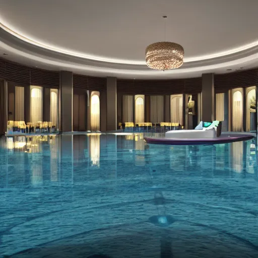 Image similar to realistic luxury hotel lobby interior in miami with pools in the background, 4 k, v - ray, detailed