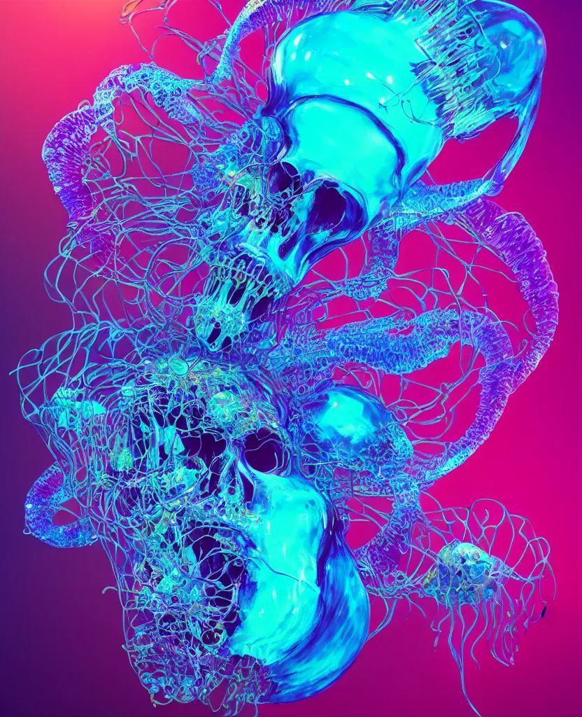 Image similar to close-up portrait of skull dichroic orchid jellyfish skull, betta fish, bioluminiscent creatures, intricate artwork by Tooth Wu and wlop and beeple. octane render, trending on artstation, greg rutkowski very coherent symmetrical artwork. cinematic, hyper realism, high detail, octane render, 8k