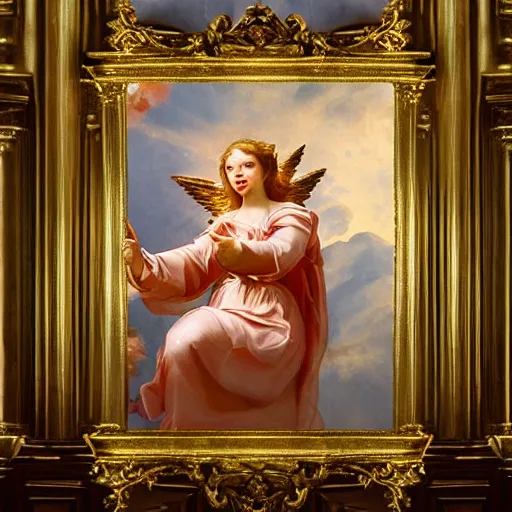 Prompt: Baroque painting of an angel floating in exquisite palace halls, epic biblical imagery，light，8k