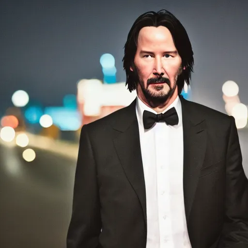 Image similar to a still of Keanu Reeves. Shallow depth of field. City at night in background, lights, colours ,studio lighting, mood, 4K. Profession photography