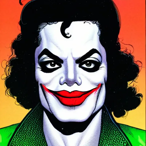 Image similar to dynamic macro head portrait of beautifu michael jackson as the joker in white sequined jacket by john romita sr and cory walker and ryan ottley and jack kirby and barry windsor - smith, comic, illustration, photo real