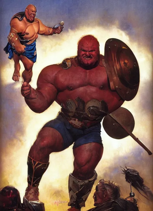 Image similar to full body and head portrait of Hafþór Júlíus Björnsson as juggernaut, dynamic action, painted by norman rockwell and phil hale and greg staples and tom lovell and frank schoonover and jack kirby