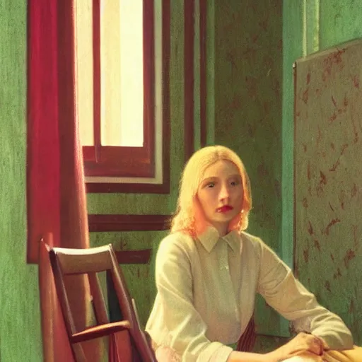 Image similar to a beautiful lady, film still by wes anderson, depicted by balthus, limited color palette, very intricate, art nouveau, highly detailed, lights by hopper, soft pastel colors, minimalist