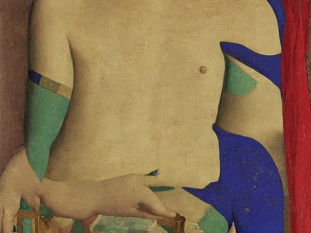 Image similar to close up of a chest of a woman in dress. lapis lazuli, malachite, cinnabar, gold. painting by piero della francesca, balthus, agnes pelton