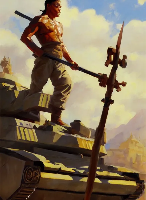 Image similar to greg manchess side portrait of a filipino fighter with a staff standing in front of a tank, organic painting, sunny day, matte painting, bold shapes, hard edges, street art, trending on artstation, by huang guangjian, gil elvgren, ruan jia, randy vargas, greg rutkowski