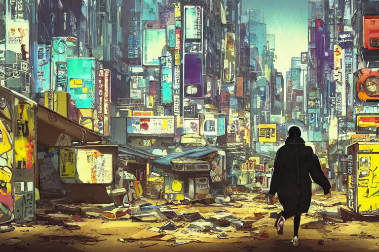 Image similar to incredible wide screenshot, ultrawide, simple watercolor, rough paper texture, ghost in the shell movie scene, backlit distant shot of girl in a parka running from a giant robot invasion side view, yellow parasol in deserted dusty shinjuku junk town, broken vending machines, bold graphic graffiti, old pawn shop, bright sun bleached ground, mud, fog, dust, windy, scary robot monster lurks in the background, ghost mask, teeth, animatronic, black smoke, pale beige sky, junk tv, texture, brown mud, dust, tangled overhead wires, telephone pole, dusty, dry, pencil marks, genius party, shinjuku, koji morimoto, katsuya terada, masamune shirow, tatsuyuki tanaka hd, 4k, remaster, dynamic camera angle, deep 3 point perspective, fish eye, dynamic scene