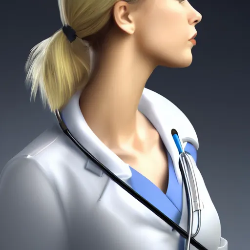 Image similar to full body profile of cute female nurse, blond hair. ponytail, white coat, in an elevator, elizabeth messina, tight focus, artstation, 4 5 mm