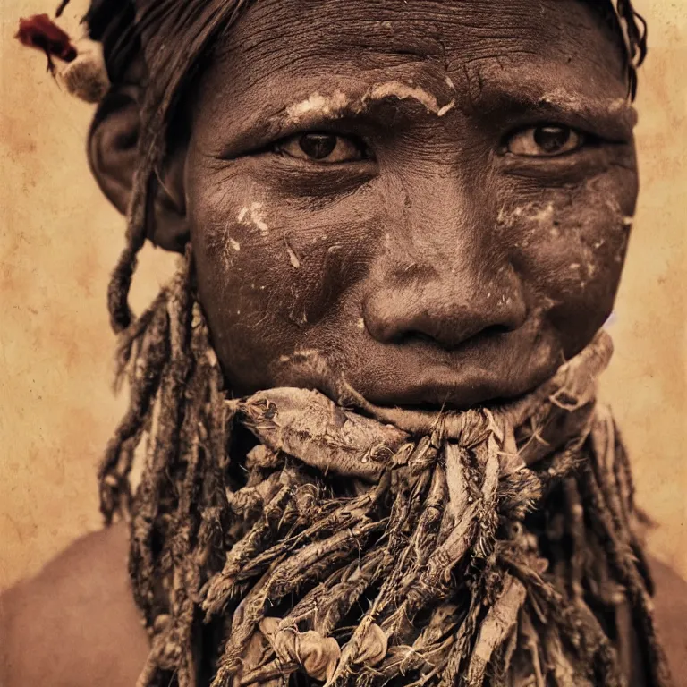 Image similar to realistic exposed expired fuji film portrait of a tribe leader with facial paintings and decorations, hyperrealism, hypermaximalism, photorealistic, detailed, atmospheric, 8 k, award winning photography, cinematic