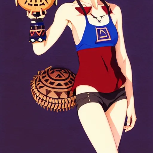 Image similar to beautiful boyish natalie portman gravure model in majora's mask, wearing wooden mask and baseball cap and leotard, street wear with subtle mayan patterns, aztec bathing suit, gapmoe yandere grimdark, trending on pixiv fanbox, painted by greg rutkowski makoto shinkai takashi takeuchi studio ghibli, akihiko yoshida