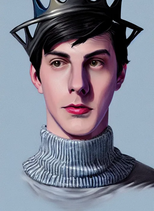 Image similar to portrait of teenage jughead jones wearing a light grey crown, crown, blue turtleneck, 1 9 5 0 s, closed eyes, photorealistic, black hair, glowing lighting, intricate, elegant, glowing lights, highly detailed, digital painting, artstation, concept art, smooth, sharp focus, illustration, art by wlop, mars ravelo and greg rutkowski