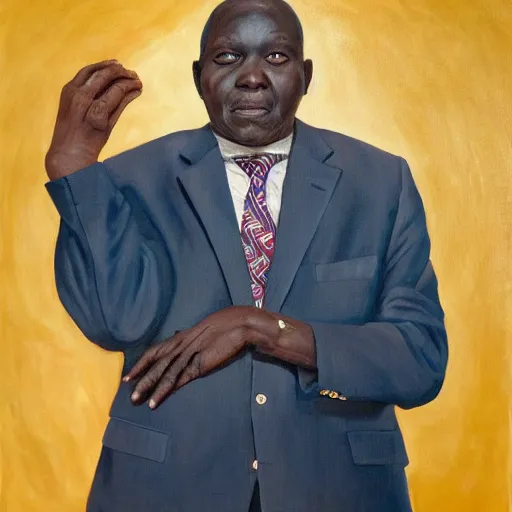 Image similar to a painting of a round face, XXL , fatherly, loving, caring, generous, ever-present, humble, wise elder from Kenya in a suit by Kehinde Wiley . Fatherly/daddy, focused, loving, leader, relaxed,. ethereal lights, details, smooth, sharp focus, illustration, realistic, cinematic, artstation, award winning, rgb , unreal engine, octane render, cinematic light, macro, depth of field, blur, red light and clouds from the back, highly detailed epic cinematic concept art CG render made in Maya, Blender and Photoshop, octane render, excellent composition, dynamic dramatic cinematic lighting, aesthetic, very inspirational, arthouse.