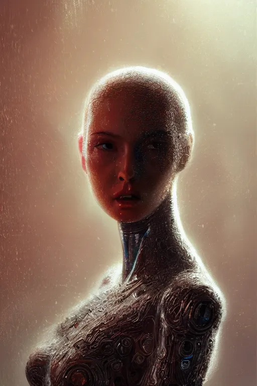 Image similar to attractive female i robot sticking tongue out sensually adn sweating, close - up portrait, intricate, elegant, volumetric lighting, scenery, digital painting, highly detailed, artstation, sharp focus, illustration, concept art, luis rollo, ruan jia, steve mccurry, john berkey