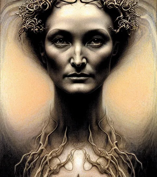 Prompt: detailed realistic beautiful young jessica lange as queen of mars face portrait by jean delville, gustave dore and marco mazzoni, art nouveau, symbolist, visionary, gothic, pre - raphaelite. horizontal symmetry by zdzisław beksinski, iris van herpen, raymond swanland and alphonse mucha. highly detailed, hyper - real, beautiful