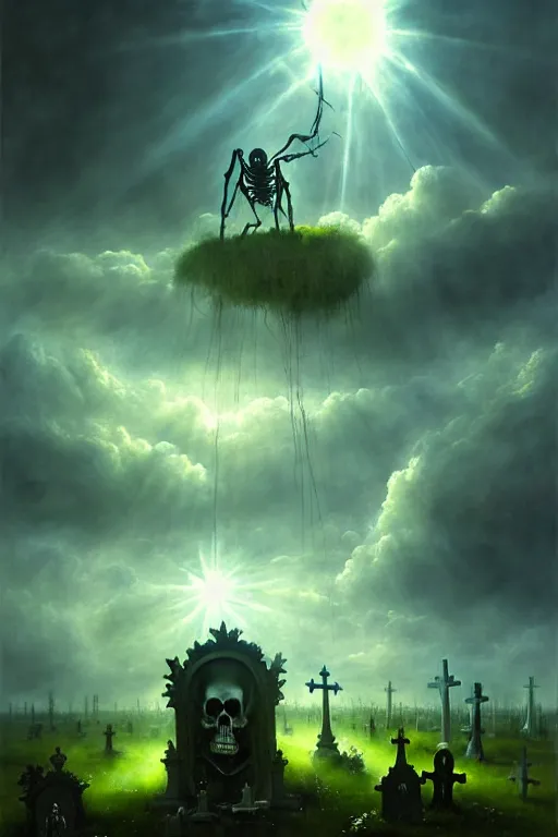 Image similar to hieronymus bosch, greg rutkowski, anna podedworna, painting of a cybernetic skeleton grim reaper floating down from the clouds, god rays, wide shot of a graveyard lit by spooky green lights