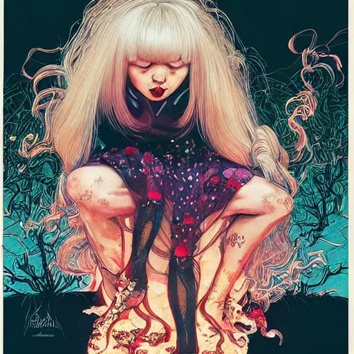 Image similar to portrait of crazy screaming beautiful singer sia kate isobelle furler, big ribbon, ymmetrical, by yoichi hatakenaka, masamune shirow, josan gonzales and dan mumford, ayami kojima, takato yamamoto, barclay shaw, karol bak, yukito kishiro