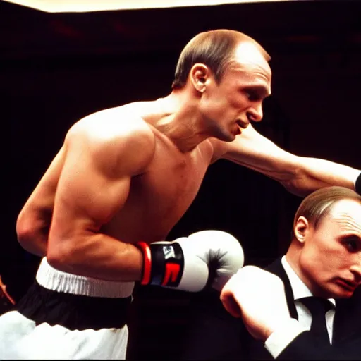 Prompt: Emmanuel Macron boxing Vladimir Putin in American Psycho (1999)