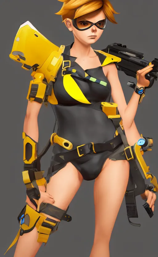 Image similar to tracer game character, in yellow bikini, blonde hair, black eyes, full height
