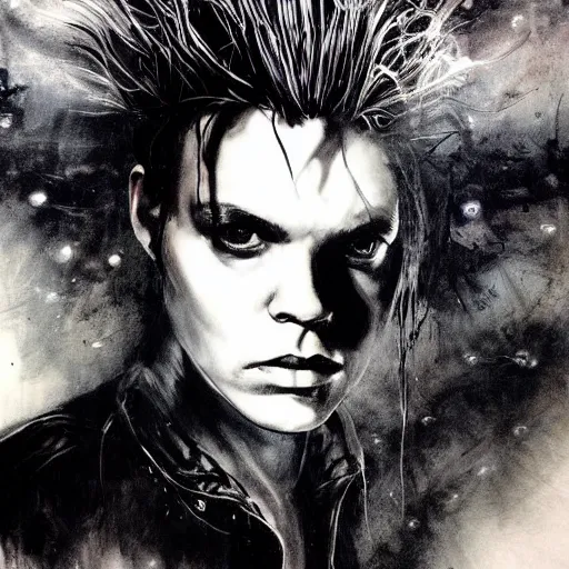 Image similar to stunning portrait of gaunt river phoenix a ( the cure fan ) as dream from sandman, dim stars as eyes, by jeremy mann, by cedric peyravernay, by by russ mills, by richard avedon and ben templesmith, dramatic lightning, sadness, dark eye sockets, in the shadows, punk rock, gothic, high detailed, 8 k