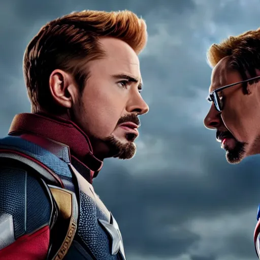 Image similar to film of chris evans as steve rogers and robert downey jr as tony stark arguing in avengers endgame