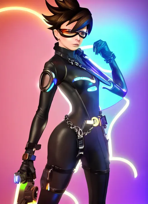 Image similar to full body digital artwork of tracer overwatch, wearing black iridescent rainbow latex bikini, 4 k, expressive happy smug expression, makeup, in style of mark arian, wearing detailed black leather collar, wearing chains, black leather harness, leather cuffs around wrists, detailed face and eyes,
