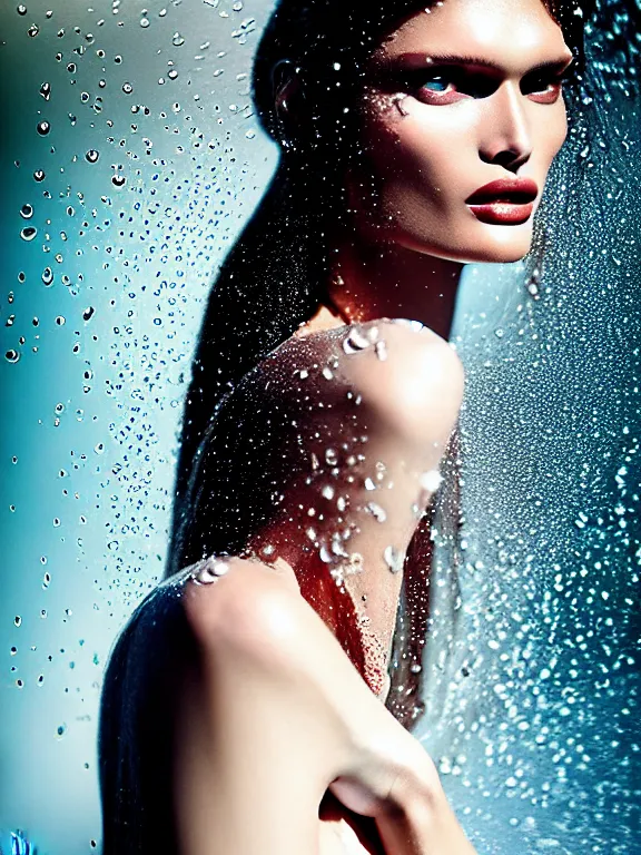 Prompt: fuji pro 4 0 0 h photo of a beautiful woman bianca balti style 3 / 4, hair surrounded by drops of water in style of zhang jingna, 5 0 mm lens, f 1. 2, elegant, highly detailed, sharp focus, head in focus, soft blur light, matt dreamy colours, volumetric lighting, hyper realistic, ultra detailed