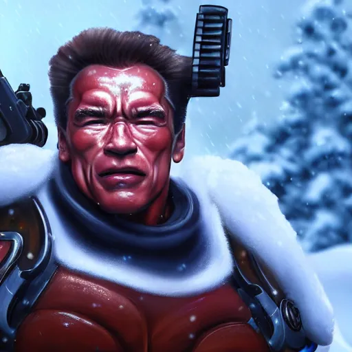Image similar to a screenshot of arnold schwarzenegger as mei in the snow shooting frost gun in overwatch, portrait, fantasy, beautiful face, vivid colors, elegant, concept art, sharp focus, digital art, hyper - realistic, 4 k, unreal engine, highly detailed, hd, dramatic lighting by brom, trending on artstation