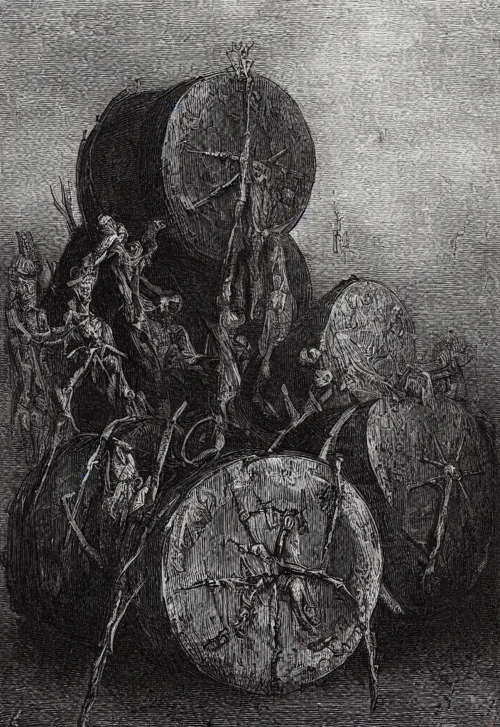 Image similar to black metal logo that reads steelbarrel, creepy atmosphere, dark, portrait, very realistic, illustration by gustave dore