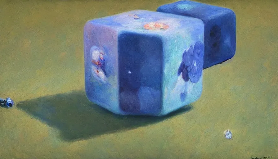 Prompt: beautiful portrait painting of companion - cube!!!!!!!!!!!! companion - cube!!!!!!!!!, monet, rhads,
