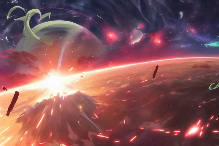 Image similar to Tonemapped Anime character splitting a gas giant in half like parting the Red Sea, with pack of Space Whales fly through an interdimensional rift! in background by (Hiromu Arakawa), Makoto Shinkai and (Cain Kuga)
