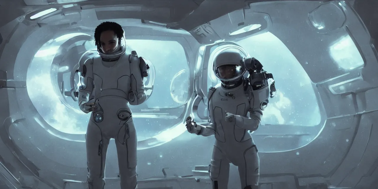 Prompt: Zoe Kravitz with short hair as a futuristic astronaut, outside large window of ship, helmet with clear HUD shield and led lights, underwater in the ocean at night, dark water, volumetric lighting, glowing lights, 4k, octane, digital painting, artstation, concept art, sharp focus, illustration, high contrast, high saturation , cinematic film still, art by artgerm and greg rutkowski and alphonse mucha , wide angle view,