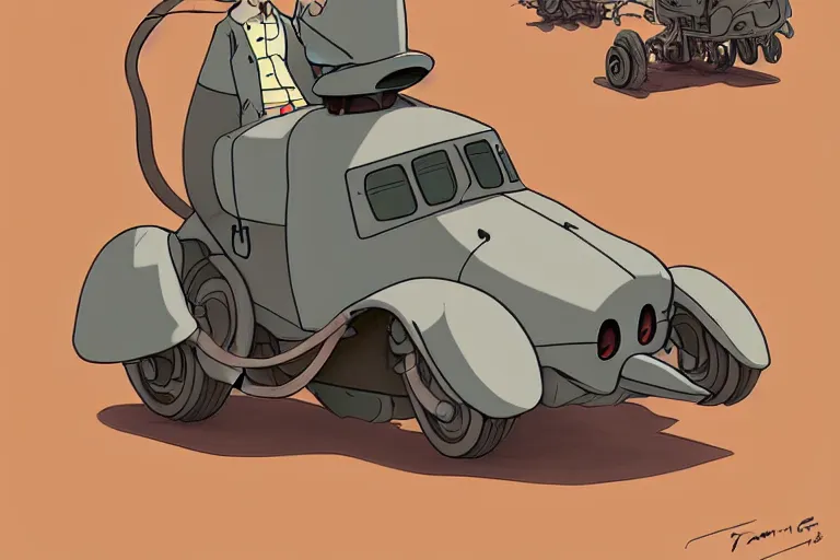 Image similar to a study of a cell shaded cartoon of a grey mechanized snake from howl's moving castle ( 2 0 0 4 ), on a desert road, full body, wide shot, very muted colors, post grunge, studio ghibli, laurie greasley, highly detailed, deviantart, art by artgem