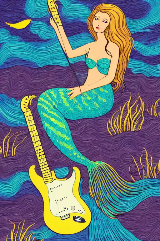 Image similar to illustration of a mermaid playing an stratocaster electric guitar, surf art