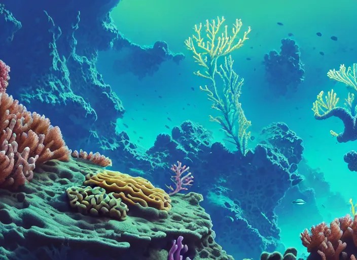 Prompt: a luminescent underwater reef with corals and aquatic life by paolo eleuteri serpieri and tomer hanuka and chesley bonestell and daniel merriam and tomokazu matsuyama, unreal engine, high resolution render, featured on artstation, octane, 8 k, highly intricate details, vivid colors, vector illustration