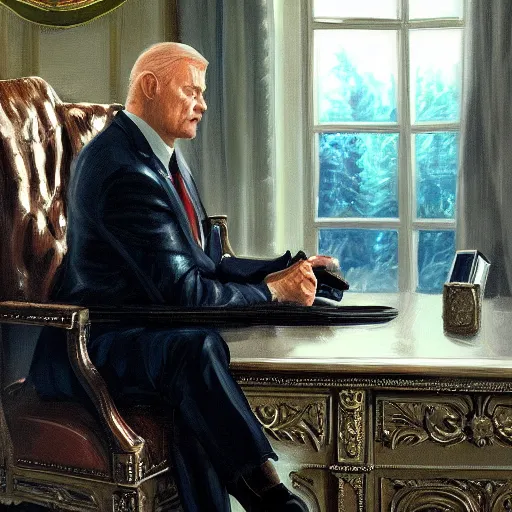 Prompt: senator armstrong from metal gear rising revengeance sitting in oval office, oil painting, presidential portrait