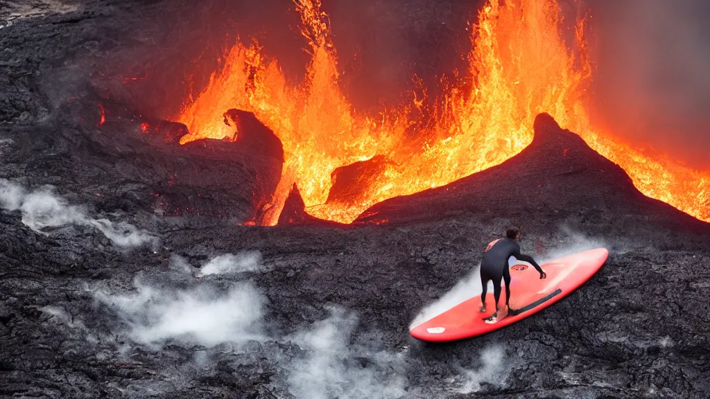 Image similar to person wearing a sponsored team jersey with logos surfing down a river of lava on the side of a volcano on surfboard, action shot, dystopian, thick black smoke and fire, sharp focus