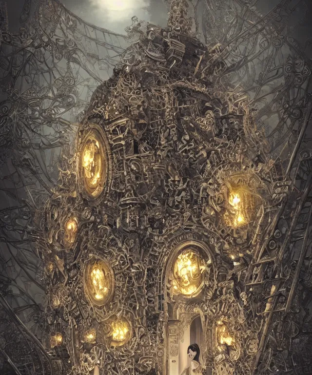 Prompt: a skull temple made of wat rong khun temple!! by charlie bowater and art germ, rule of thirds, golden ratio, art nouveau! cyberpunk! style, mechanical accents!, mecha plate armor, glowing leds, flowing wires with leaves, art nouveau accents, art nouveau patterns and geometry, rich deep moody colors