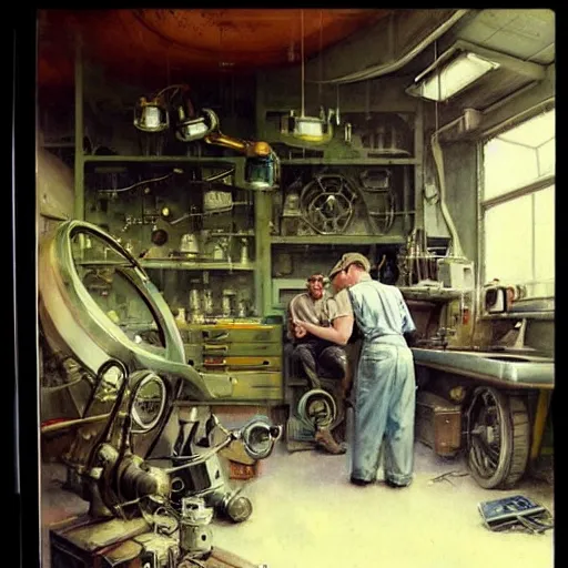 Image similar to ( ( ( ( ( 1 9 5 0 s retro science fiction mechanics shop interior scene. muted colors. ) ) ) ) ) by jean - baptiste monge!!!!!!!!!!!!!!!!!!!!!!!!!!!!!!