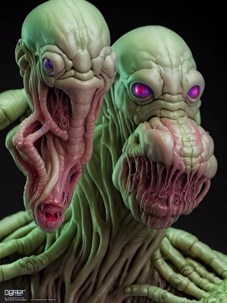 Image similar to hyperrealistic rendering, fat smooth cronenberg flesh monster transparent grey alien by donato giancola and greg rutkowski and wayne barlow and zdzisław beksinski, product photography, action figure, sofubi, studio lighting, colored gels, colored background