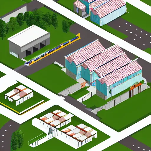 Image similar to exterior of sawmill factory in countryside of taiwan; isometric axonometric