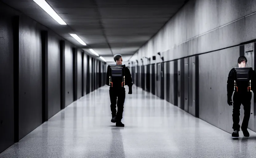 Image similar to Black quadcopters swarm the wide hallways in a futuristic prison underground with brutalist architecture, staff can be seen carrying black duffel bags, sigma 85mm f/1.4, 4k, depth of field, high resolution, 4k, 8k, hd, full color