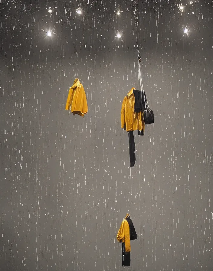 Image similar to one slick fashionable zara raincoat flying hanging mid - air on a glittering rainy display designed by james terrell, wes anderson, symmetry, rule of thirds