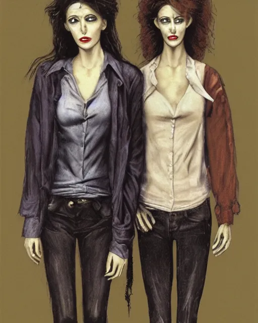 Prompt: two handsome but sinister, creepy young women in layers of fear, wearing oxford shorts, with haunted eyes like mannequins band wild hair, 1 9 7 0 s, seventies, wallpaper, a little blood, moonlight showing injuries, delicate embellishments, painterly, offset printing technique, by john howe, brom, robert henri, walter popp