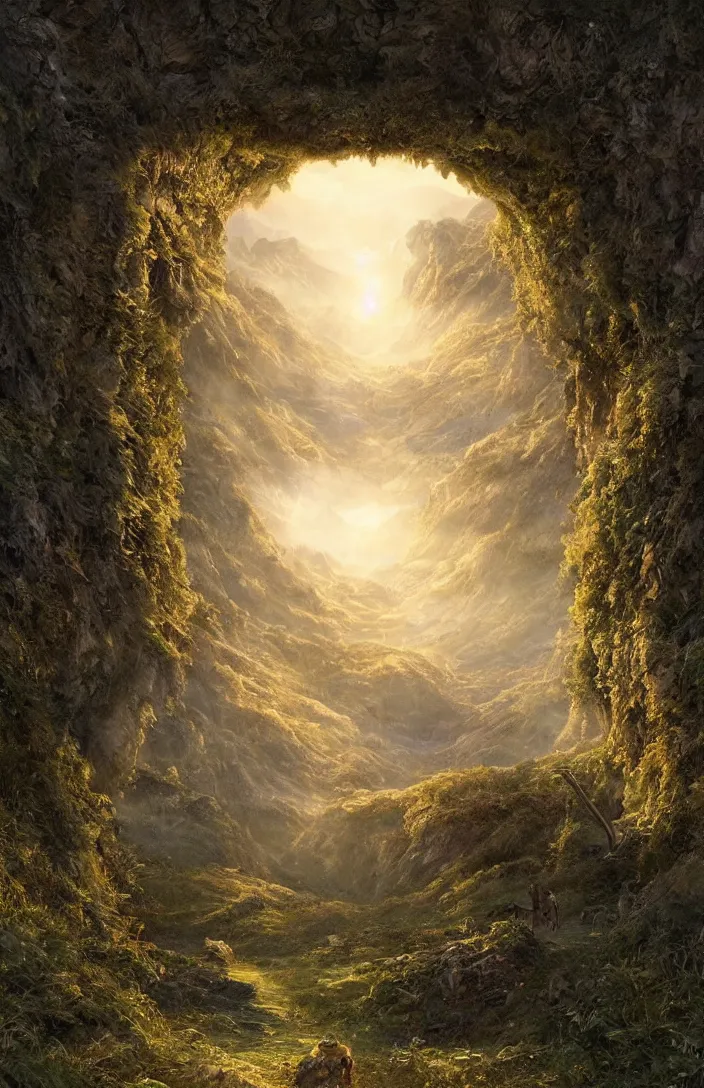 Image similar to a highly detailed light portal within a swiss landscape, detailed, hyperreal phantastic, intricate details in environment, luminance, golden ratio, high aestehtic, cinematic light dramatic light, godrays, distance, photobash, wideangle, terrence malick, hyperreal 4 k