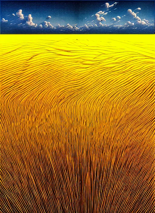 Image similar to hyper detailed 3d render like a Oil painting - the endless plains, light and shadow, yellow wheat fields and electric poles, by Jacek Yerka, Mariusz Lewandowski, Houdini algorithmic generative render, Abstract brush strokes, Masterpiece, Edward Hopper and James Gilleard, Zdzislaw Beksinski, Mark Ryden, Wolfgang Lettl, hints of Yayoi Kasuma, octane render, 8k